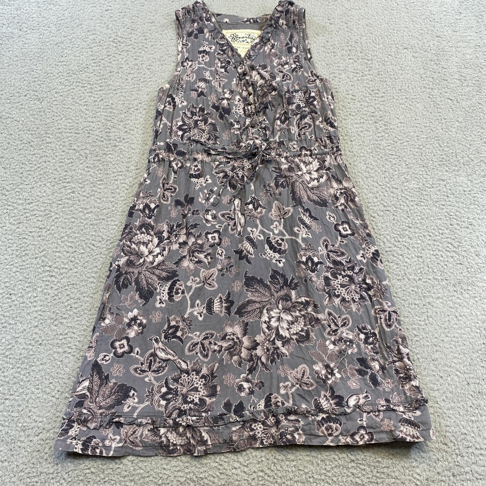 Aventura Dress Womens 6 Gray Floral Bird Print Sleeveless V‎ Neck Ruffle Cotton